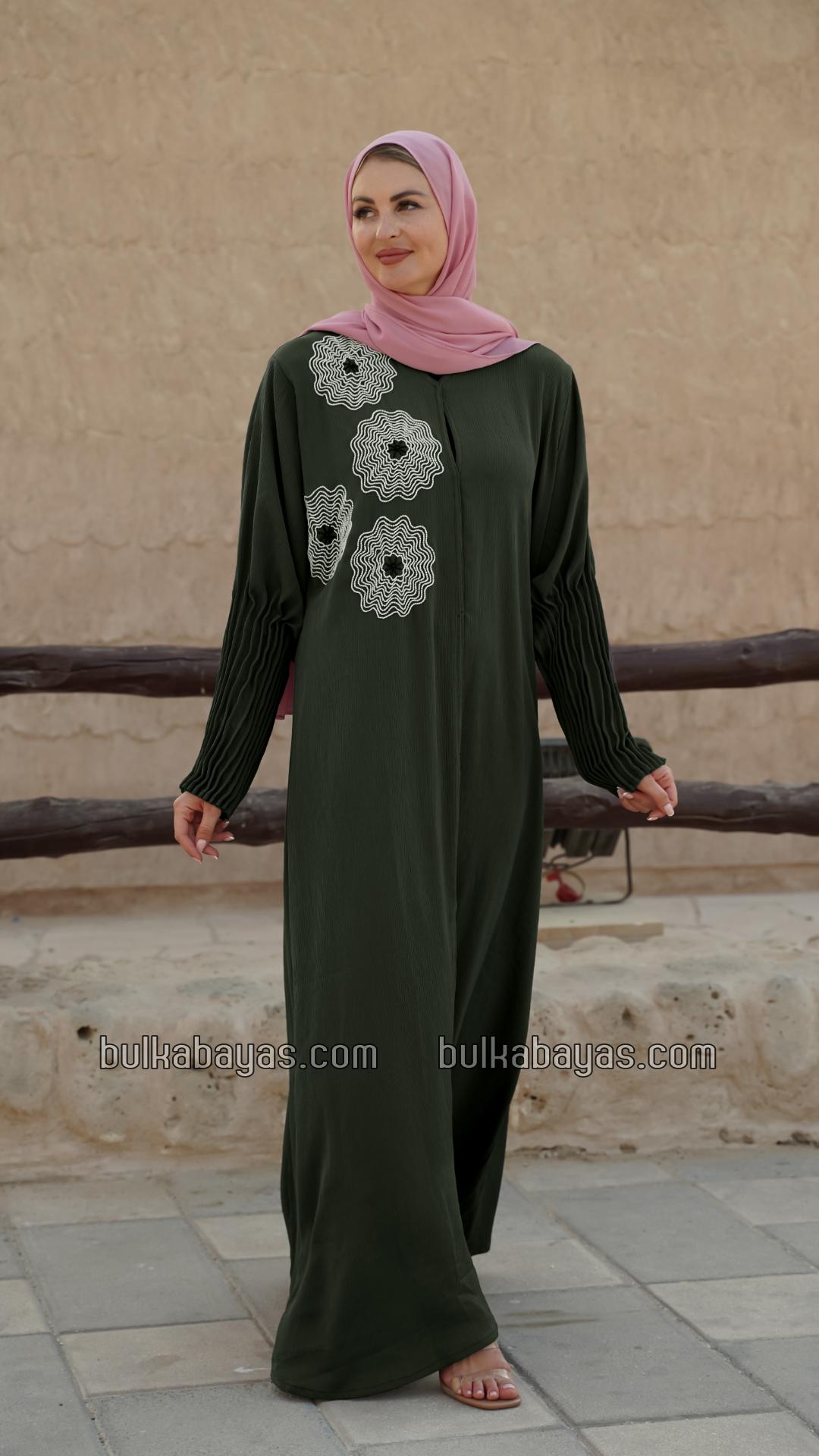 Bulk Zoom Simple Front Open Abaya with Crystal Hand Work and Pleat Work on the Sleeves in Olive 