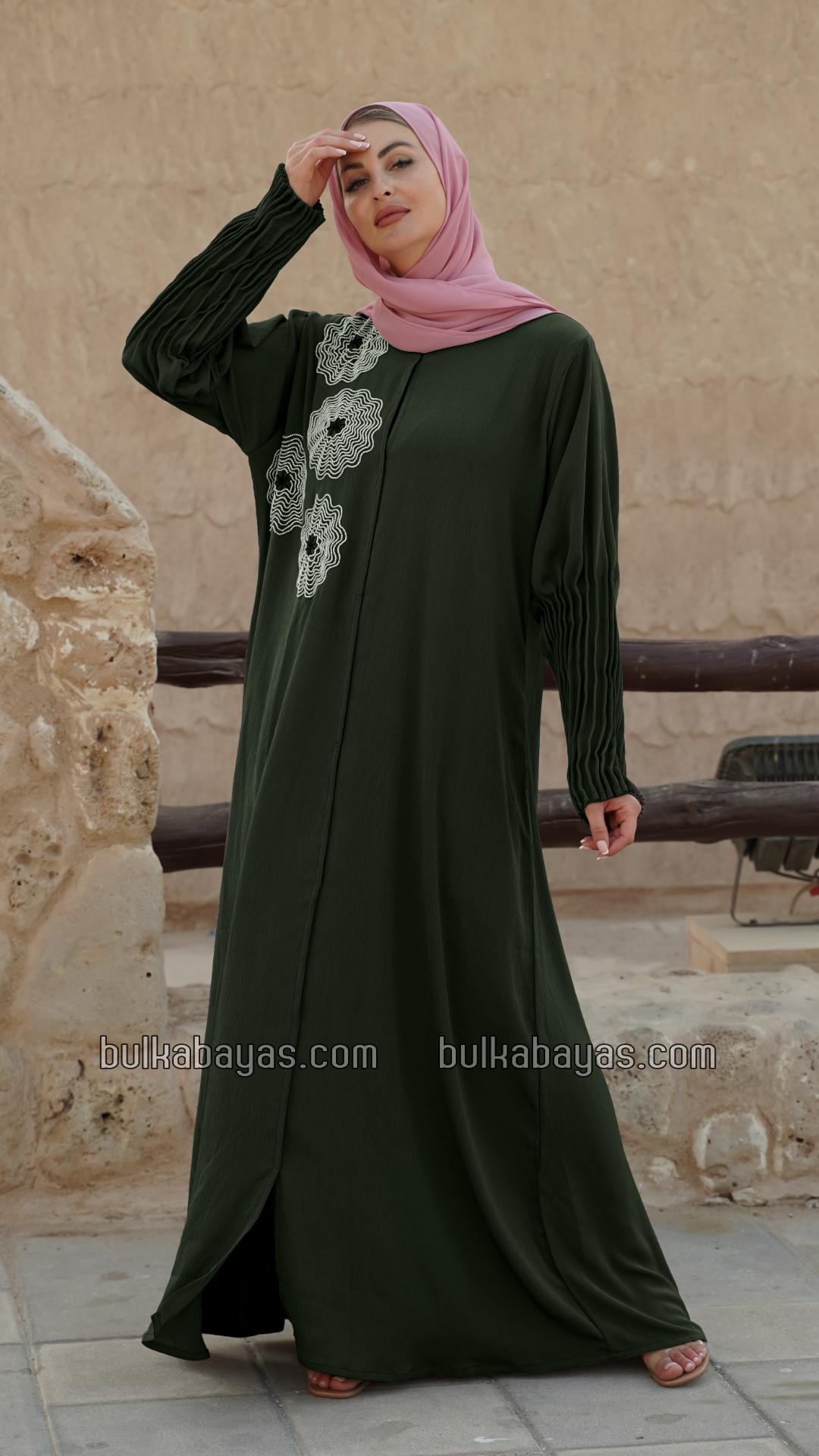 Bulk Zoom Simple Front Open Abaya with Crystal Hand Work and Pleat Work on the Sleeves in Olive 