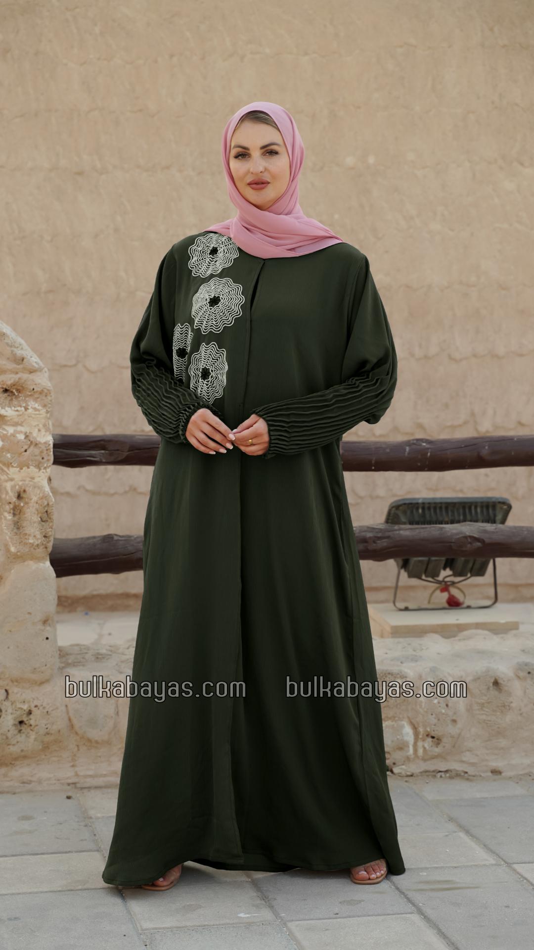 Bulk Zoom Simple Front Open Abaya with Crystal Hand Work and Pleat Work on the Sleeves in Olive 