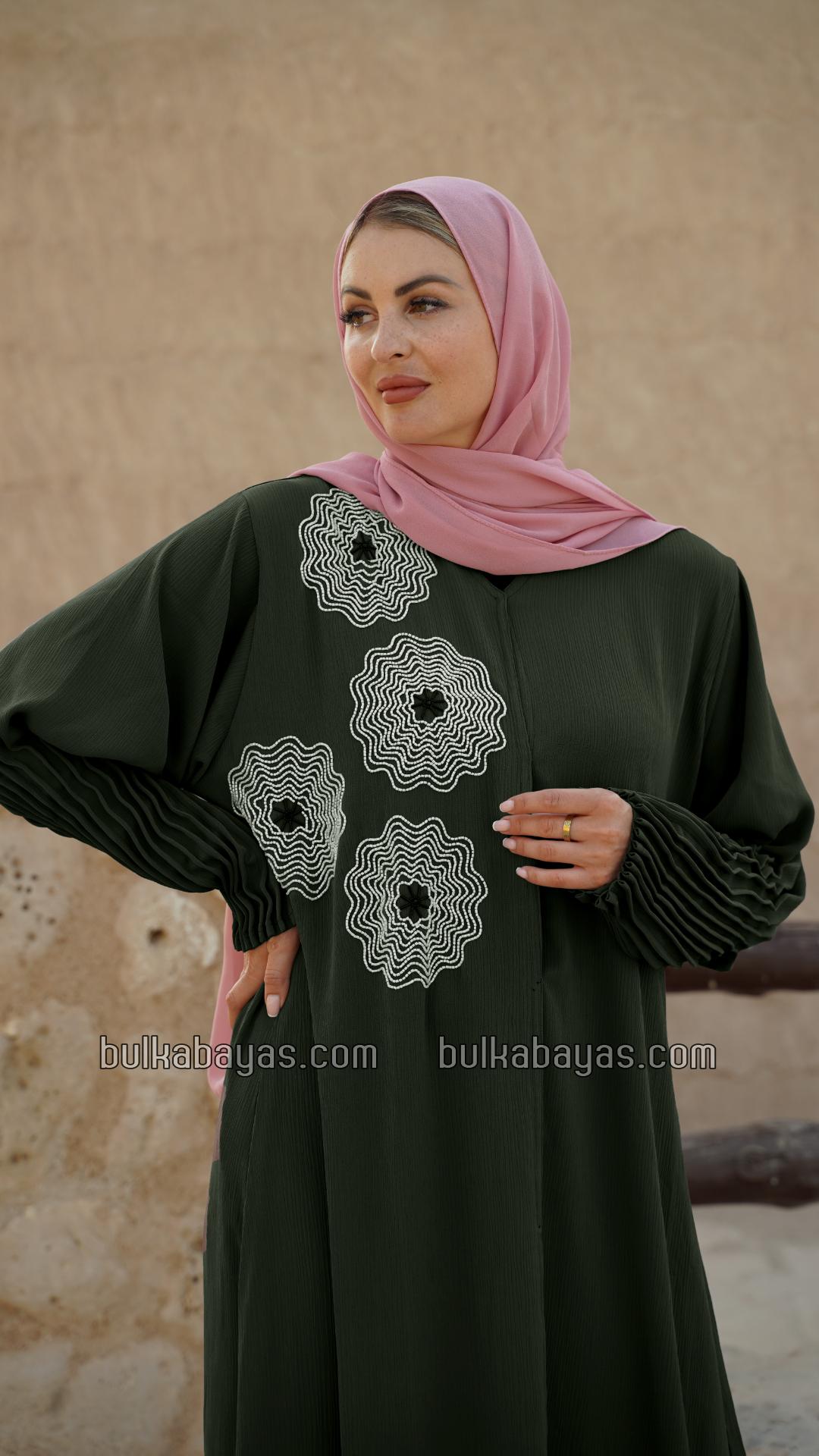 Bulk Zoom Simple Front Open Abaya with Crystal Hand Work and Pleat Work on the Sleeves in Olive 
